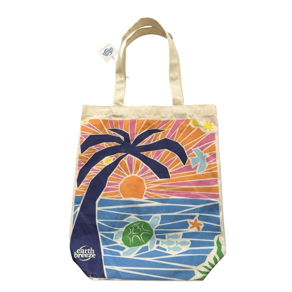 Earth Breeze Canvas Tote Bag Tropical Turtle Palm Tree Vacation Travel Beach